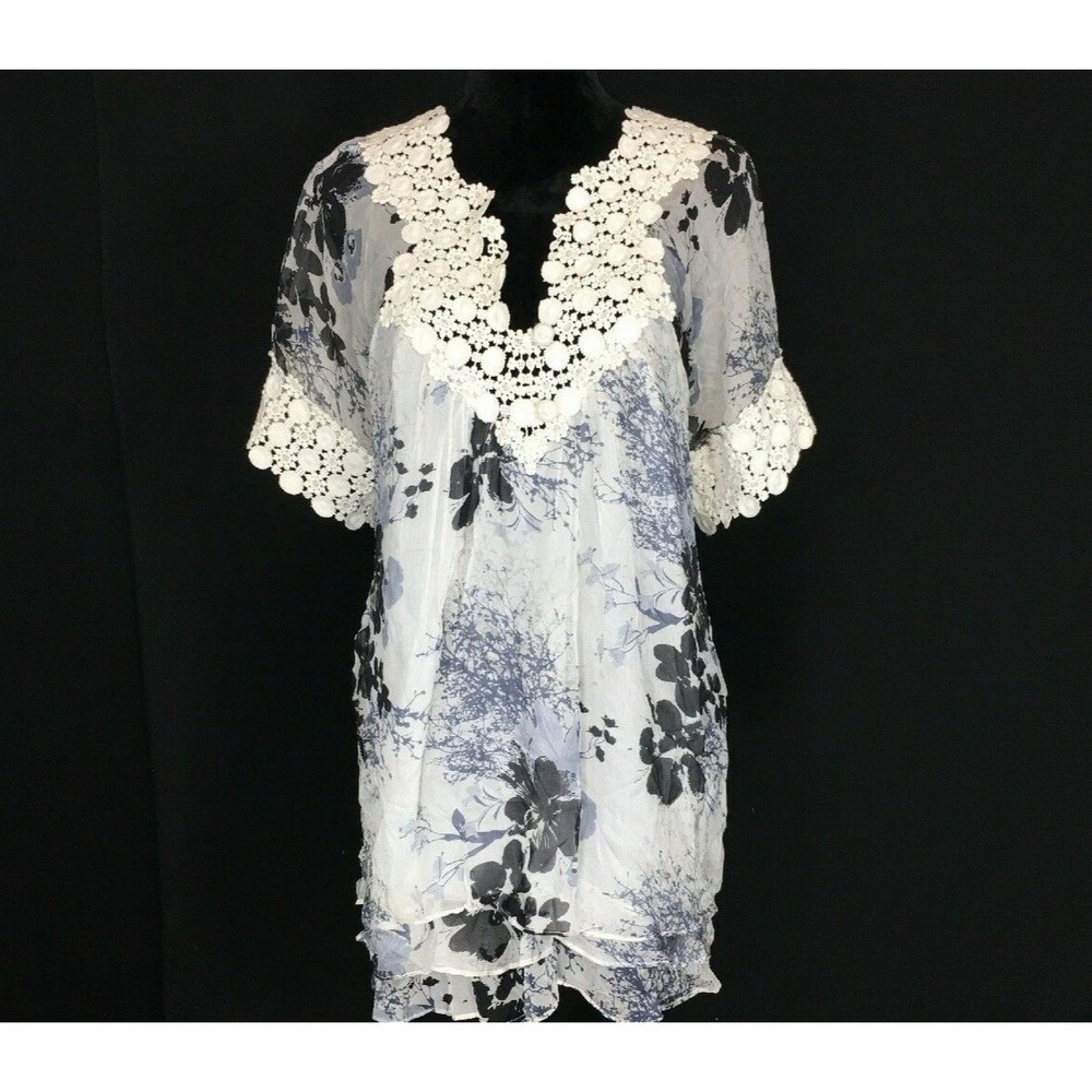Blue Tassel‎ Dress XS White Black 100% Silk Tunic Crochet Lace Chiffon Tier